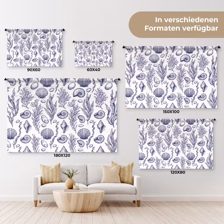 Schelpen - Zeewier - Oceaan - Illustratie - Blauw Wandkleed katoen klein -tsfeer8_DE