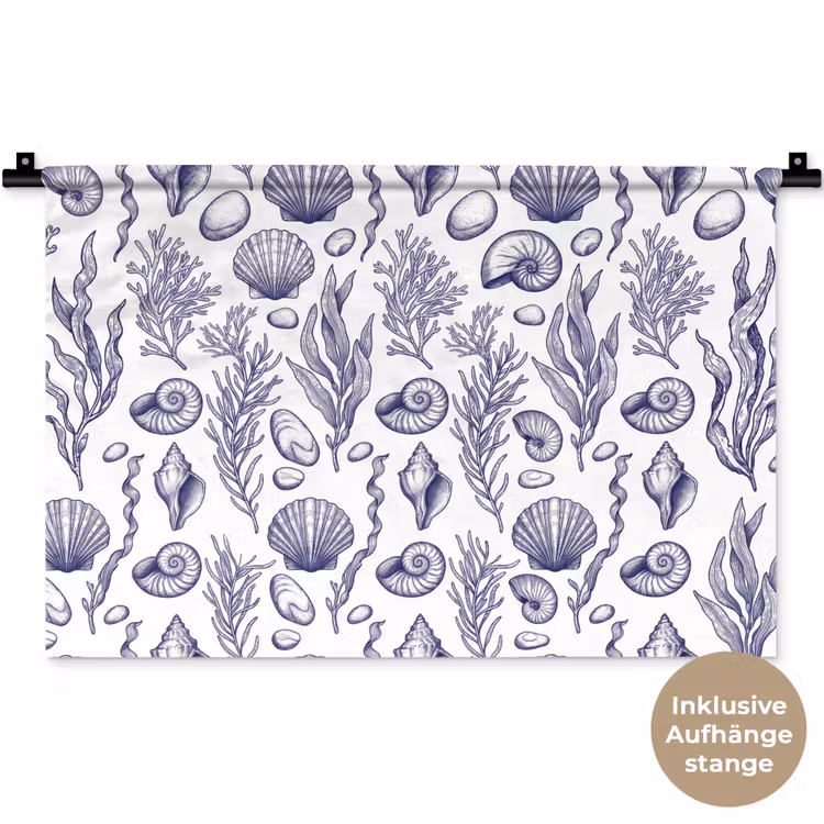 Schelpen - Zeewier - Oceaan - Illustratie - Blauw Wandkleed katoen klein -t3d_DE