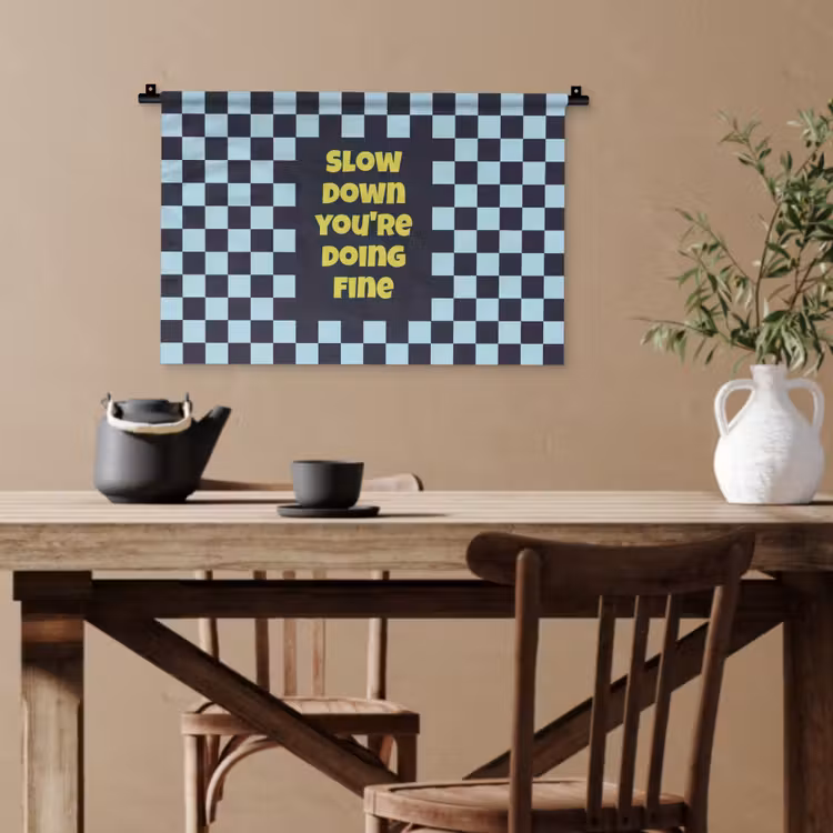 Patroon - Geblok - Blauw - Slow down you're doing fine Wandkleed katoen klein -sfeer6