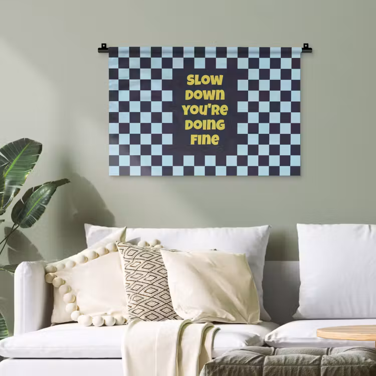 Patroon - Geblok - Blauw - Slow down you're doing fine Wandkleed katoen klein -sfeer7