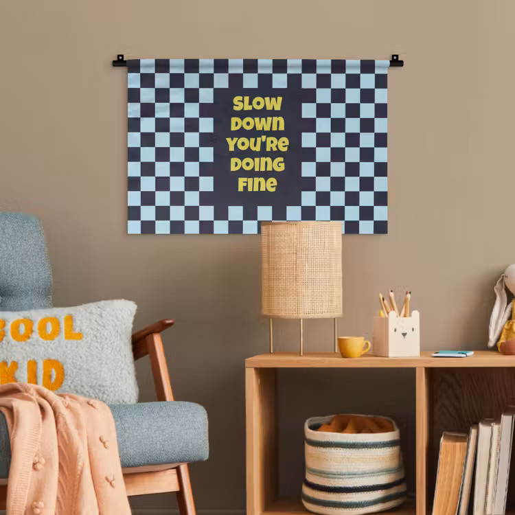 Patroon - Geblok - Blauw - Slow down you're doing fine Wandkleed katoen klein -wsfeer4_kind
