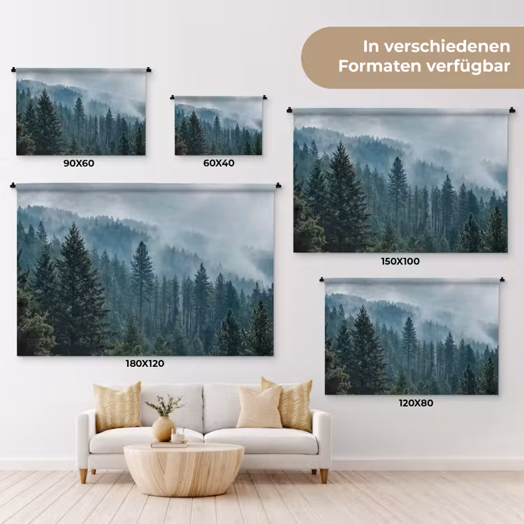 Naaldwoud - Bergen - Mist Wandkleed katoen klein -tsfeer8_DE