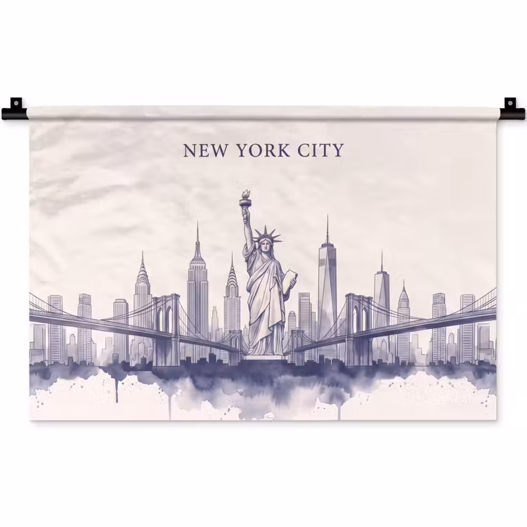 New York - Vrijheidsbeeld - Skyline - Illustratie - Blauw Wandkleed katoen klein -zz3d