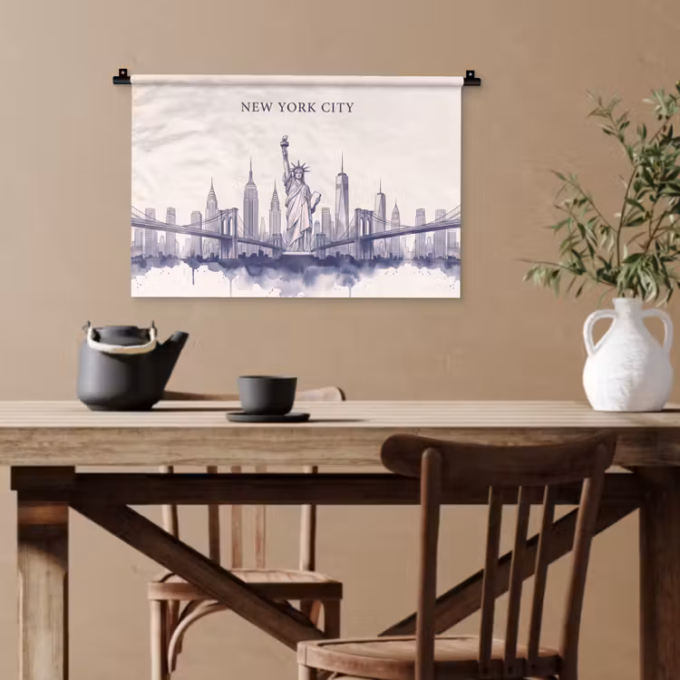 New York - Vrijheidsbeeld - Skyline - Illustratie - Blauw Wandkleed katoen klein -sfeer6