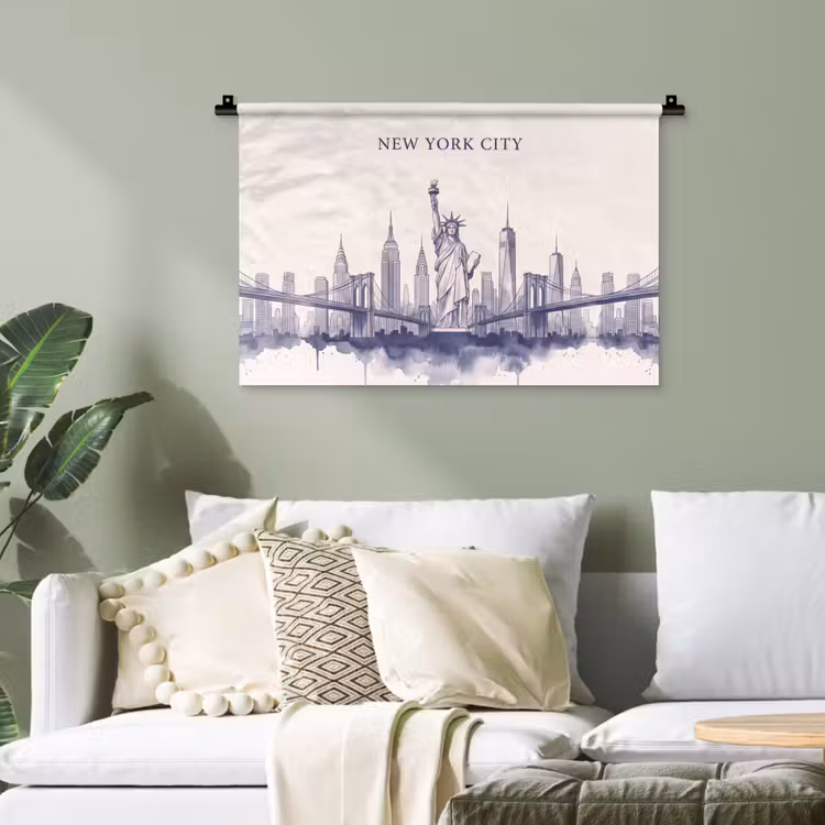 New York - Vrijheidsbeeld - Skyline - Illustratie - Blauw Wandkleed katoen klein -sfeer7