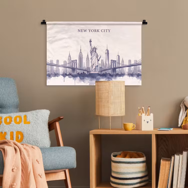 New York - Vrijheidsbeeld - Skyline - Illustratie - Blauw Wandkleed katoen klein -wsfeer4_kind