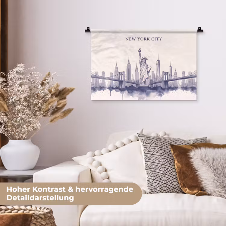 New York - Vrijheidsbeeld - Skyline - Illustratie - Blauw Wandkleed katoen klein -tsfeer1_DE