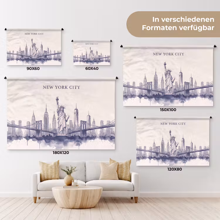New York - Vrijheidsbeeld - Skyline - Illustratie - Blauw Wandkleed katoen klein -tsfeer8_DE