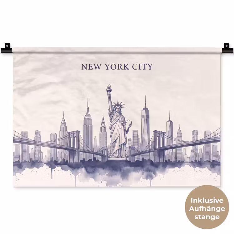 New York - Vrijheidsbeeld - Skyline - Illustratie - Blauw Wandkleed katoen klein -t3d_DE