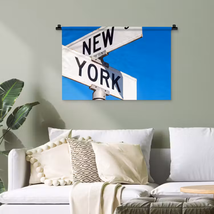 New York - Straatbord - Stad - Urban - Blauw Wandkleed katoen klein -sfeer7