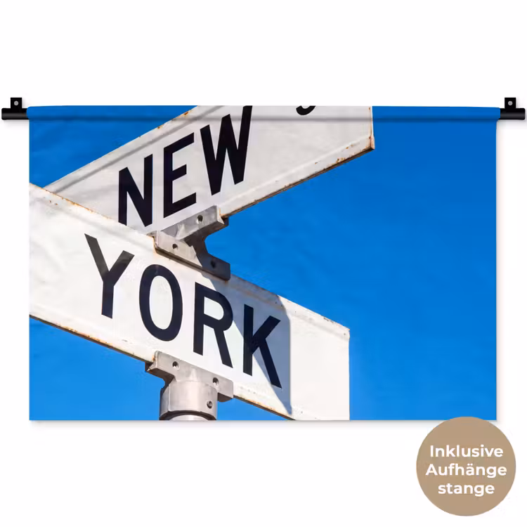 New York - Straatbord - Stad - Urban - Blauw Wandkleed katoen klein -t3d_DE