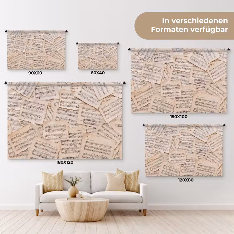 Bladmuziek - Oud - Noten - Vintage - Beige Wandkleed katoen klein -tsfeer8_DE