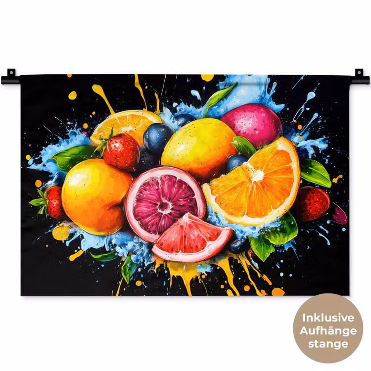 Fruit - Graffiti - Kleurrijk - Sinaasappel - Aardbei - Abstract Wandkleed katoen klein -t3d_DE