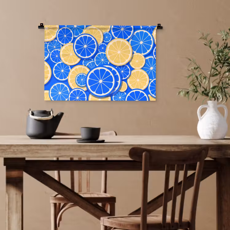 Fruit - Schijven - Patroon - Modern - Blauw - Geel Wandkleed katoen klein -sfeer6