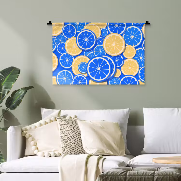 Fruit - Schijven - Patroon - Modern - Blauw - Geel Wandkleed katoen klein -sfeer7