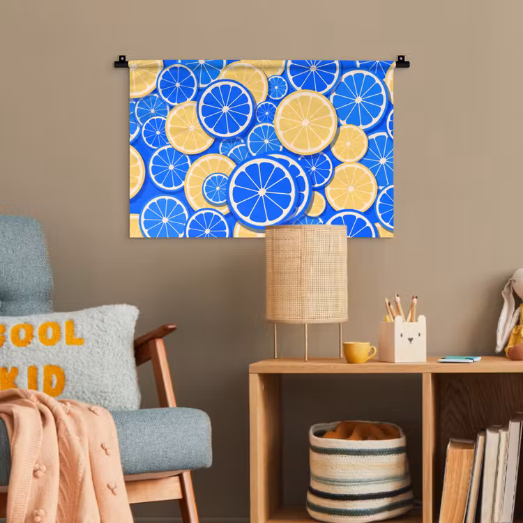 Fruit - Schijven - Patroon - Modern - Blauw - Geel Wandkleed katoen klein -wsfeer4_kind