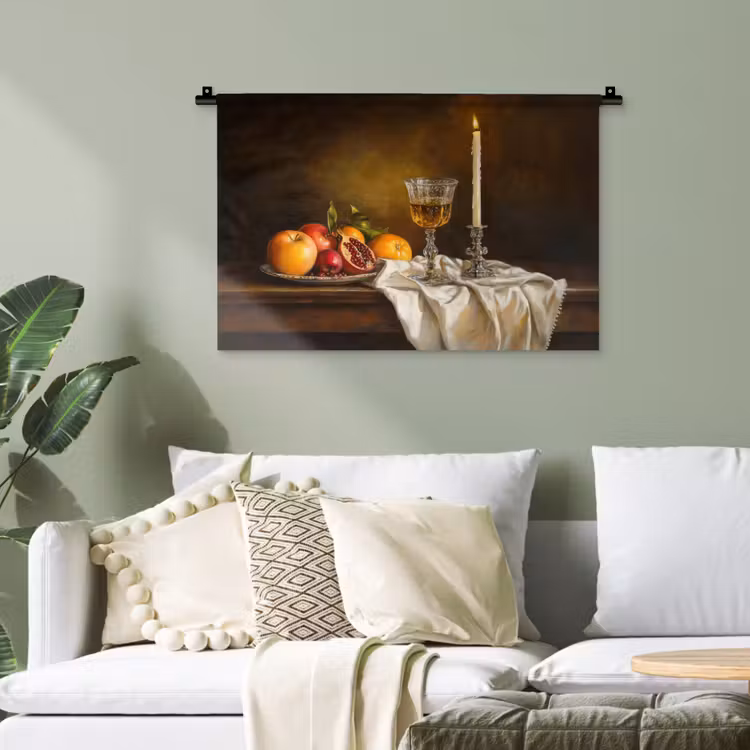 Fruit -  Stilleven - Wijn - Kaars Wandkleed katoen klein -sfeer7