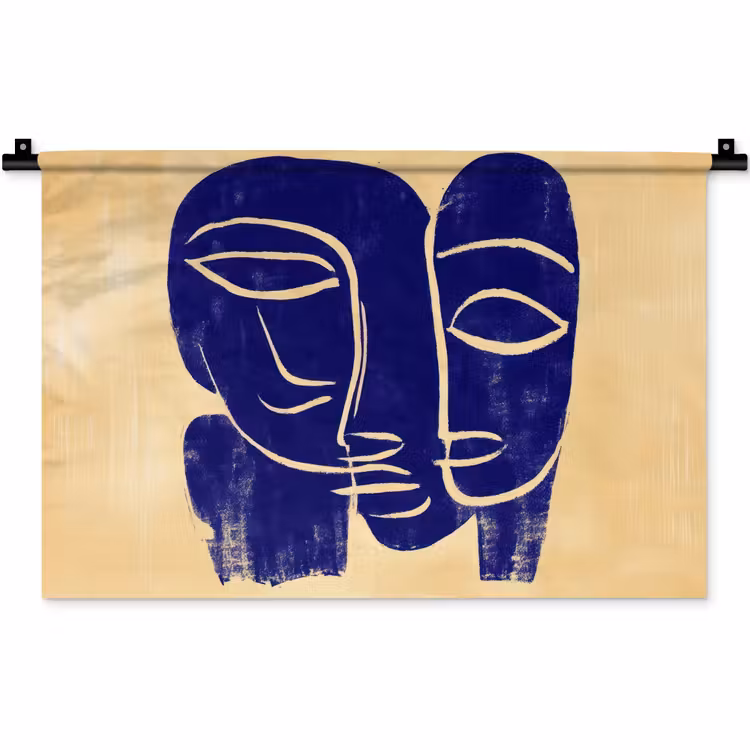 Okergeel - Blauw - Eenvoudige lijnen Wandkleed katoen klein -zz3d