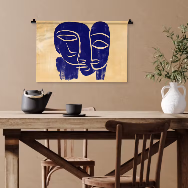 Okergeel - Blauw - Eenvoudige lijnen Wandkleed katoen klein -sfeer6