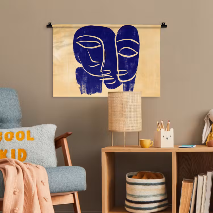 Okergeel - Blauw - Eenvoudige lijnen Wandkleed katoen klein -wsfeer4_kind