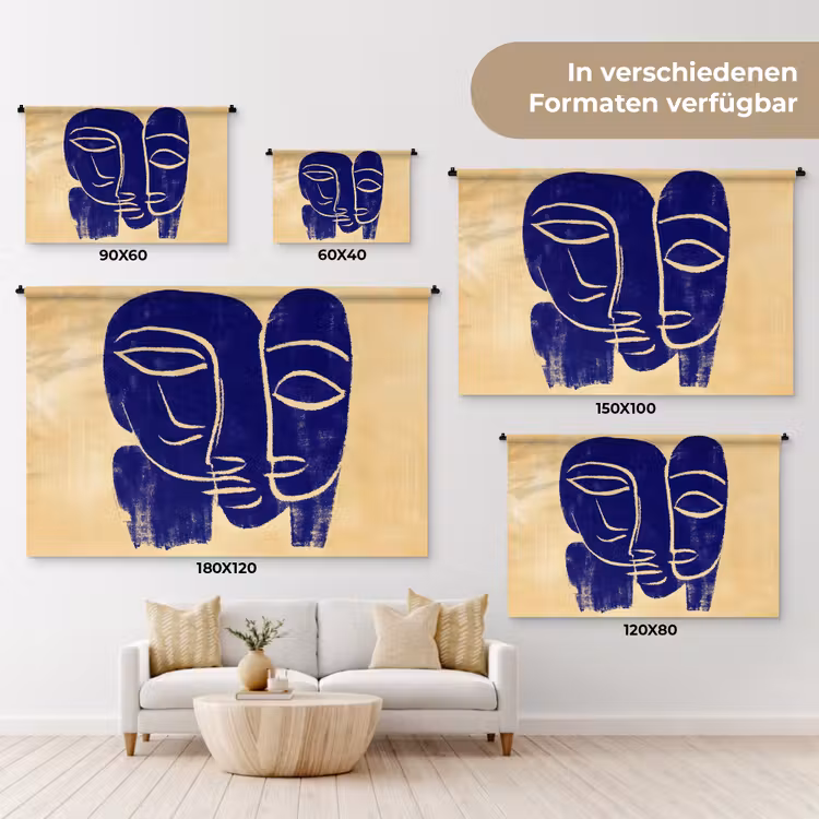 Okergeel - Blauw - Eenvoudige lijnen Wandkleed katoen klein -tsfeer8_DE