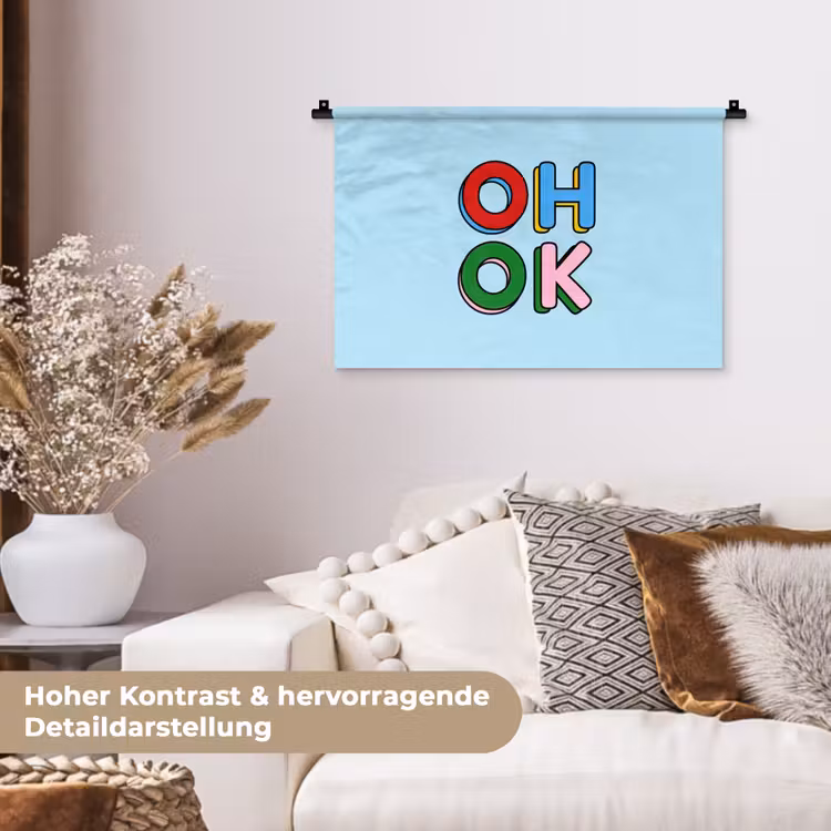 Oh ok - Blauw - Kleurrijk Wandkleed katoen klein -tsfeer1_DE