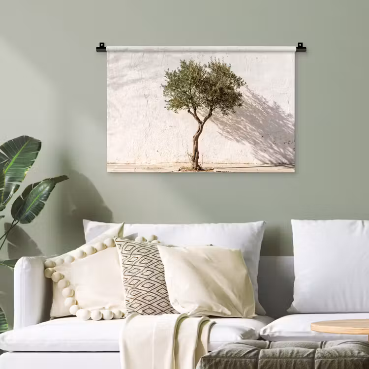 Wandteppich - Olivenbaum – Wand – weiß - Olijfboom - muur - wit Wandkleed katoen klein