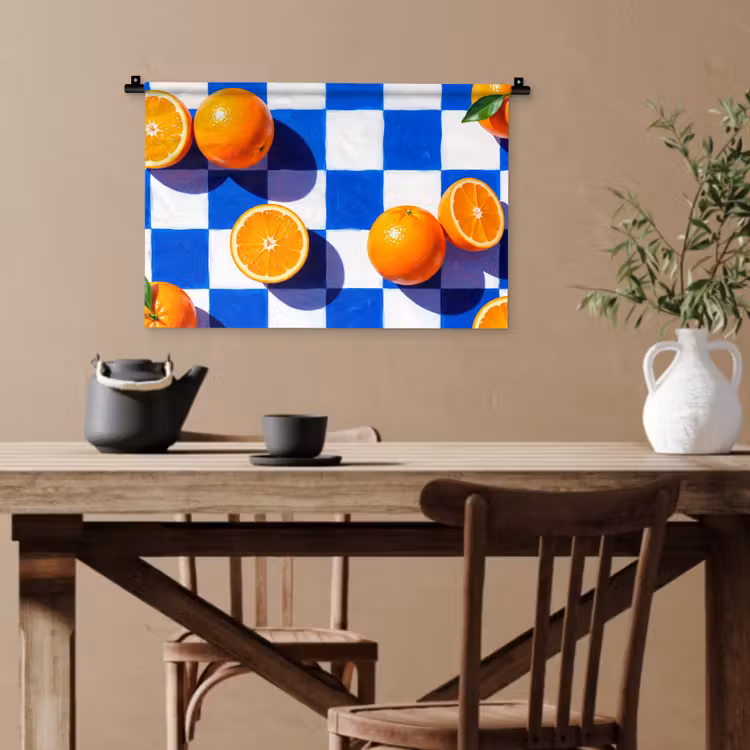 Wandteppich - Orange – Kariert – Essen - Sinaasappel - Geruit - Eten Wandkleed katoen klein