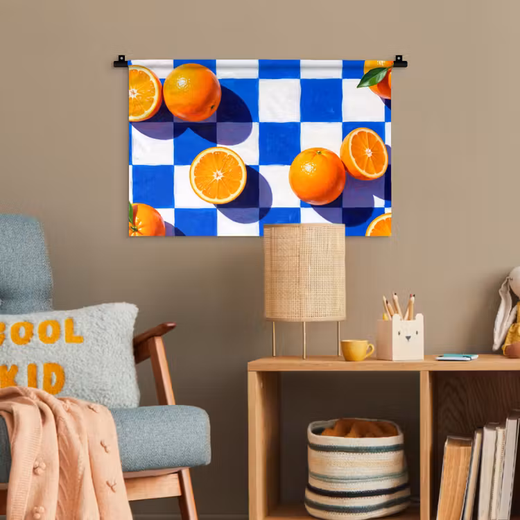 Wandteppich - Orange – Kariert – Essen - Sinaasappel - Geruit - Eten Wandkleed katoen klein