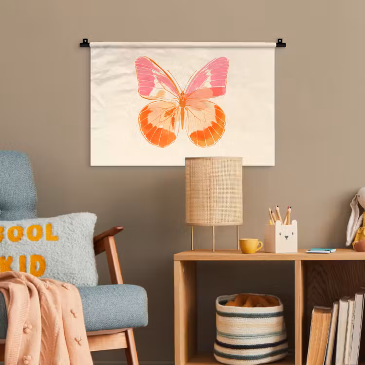 Oranje - Vlinder - Minimalistisch Wandkleed katoen klein -wsfeer4_kind