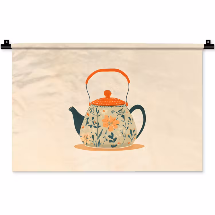 Oranje - Theepot - Bloemen - Bladeren Wandkleed katoen klein -zz3d