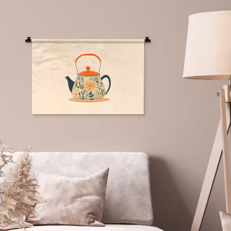 Oranje - Theepot - Bloemen - Bladeren Wandkleed katoen klein -sfeer4