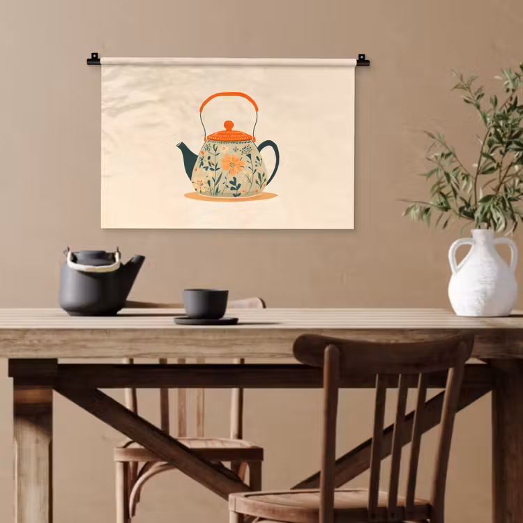 Oranje - Theepot - Bloemen - Bladeren Wandkleed katoen klein -sfeer6