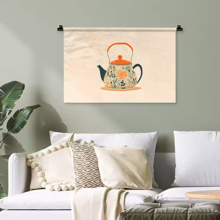 Oranje - Theepot - Bloemen - Bladeren Wandkleed katoen klein -sfeer7
