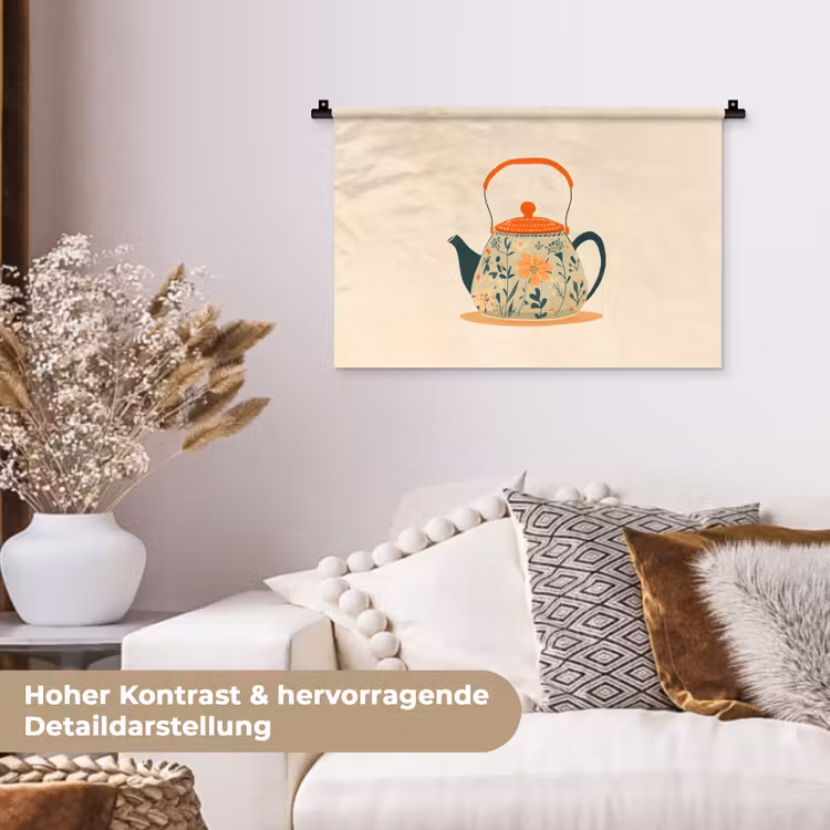 Oranje - Theepot - Bloemen - Bladeren Wandkleed katoen klein -tsfeer1_DE