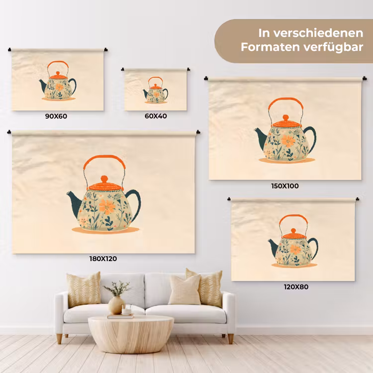 Oranje - Theepot - Bloemen - Bladeren Wandkleed katoen klein -tsfeer8_DE