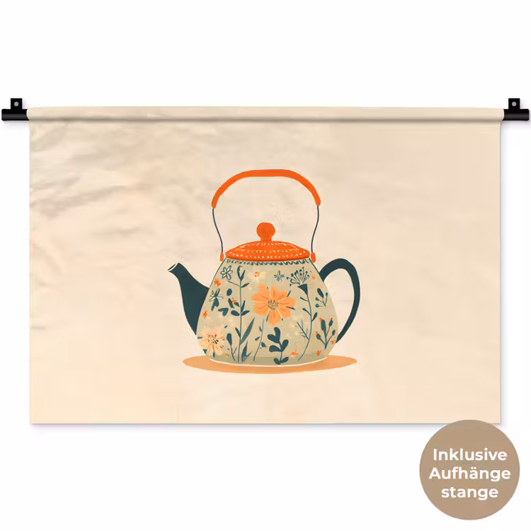 Oranje - Theepot - Bloemen - Bladeren Wandkleed katoen klein -t3d_DE