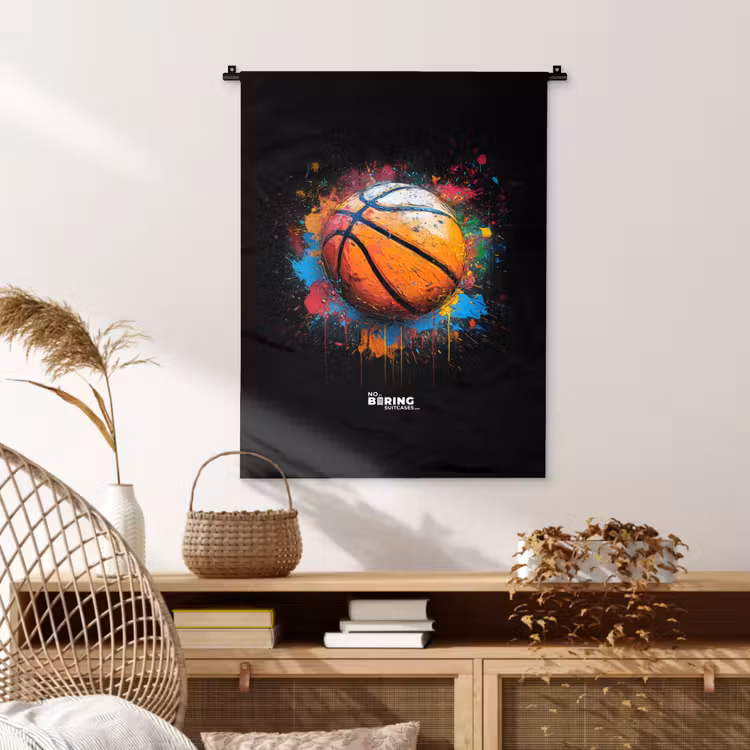 Oranje basketbal te midden van verfspetters Wandkleed katoen klein -sfeer5