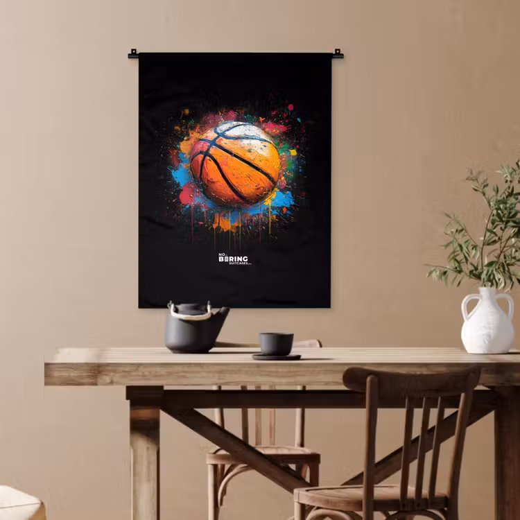 Oranje basketbal te midden van verfspetters Wandkleed katoen klein -sfeer6