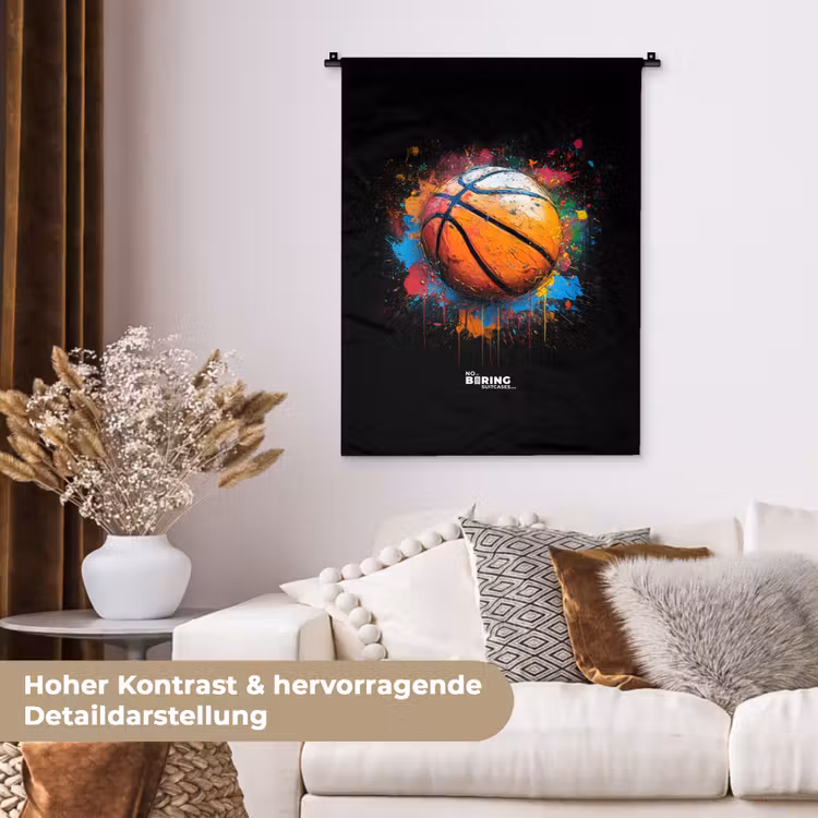 Oranje basketbal te midden van verfspetters Wandkleed katoen klein -tsfeer1_DE