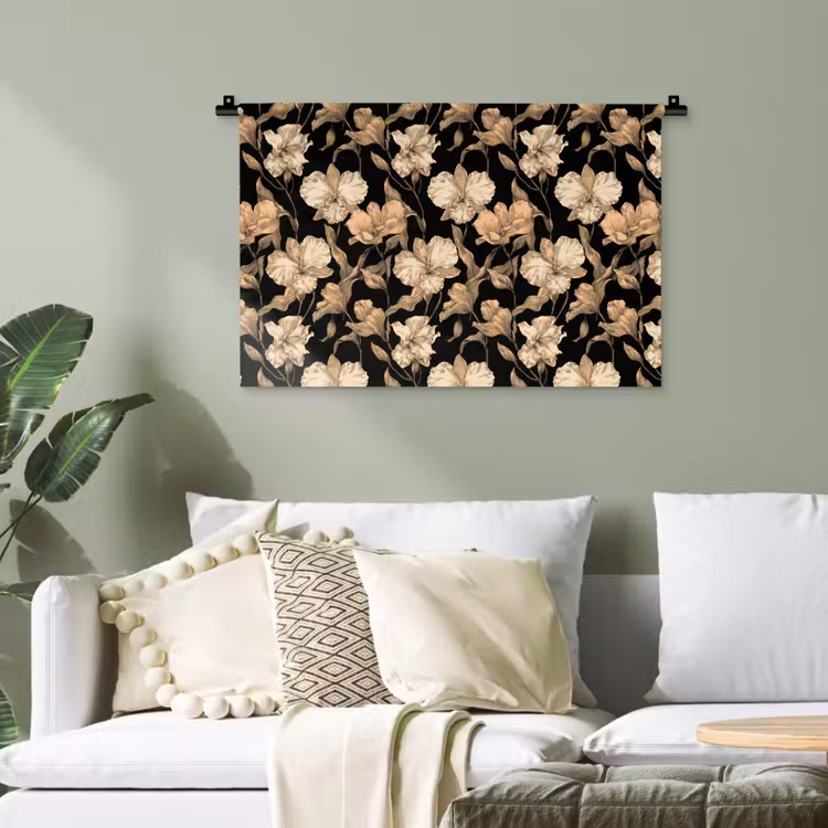 Orchideeën - Lijntekening - Patroon - Beige - Zwart Wandkleed katoen klein 269 -sfeer7