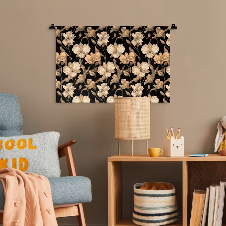 Orchideeën - Lijntekening - Patroon - Beige - Zwart Wandkleed katoen klein 269 -wsfeer4_kind