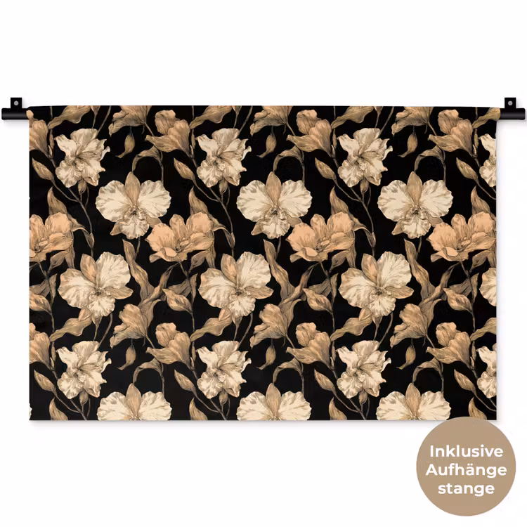 Orchideeën - Lijntekening - Patroon - Beige - Zwart Wandkleed katoen klein 269 -t3d_DE