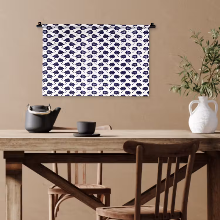 Oceaan - Vis - Blauw - Wit Wandkleed katoen klein 269 -sfeer6