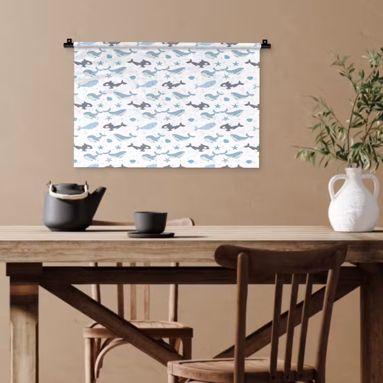 Oceaan - Walvis - Orka - Blauw Wandkleed katoen klein 269 -sfeer6