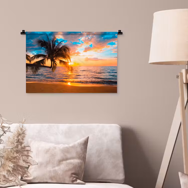 Palme - Sonnenuntergang - Horizont - Strand - Meer - Tropisch Wandkleed katoen klein -sfeer4