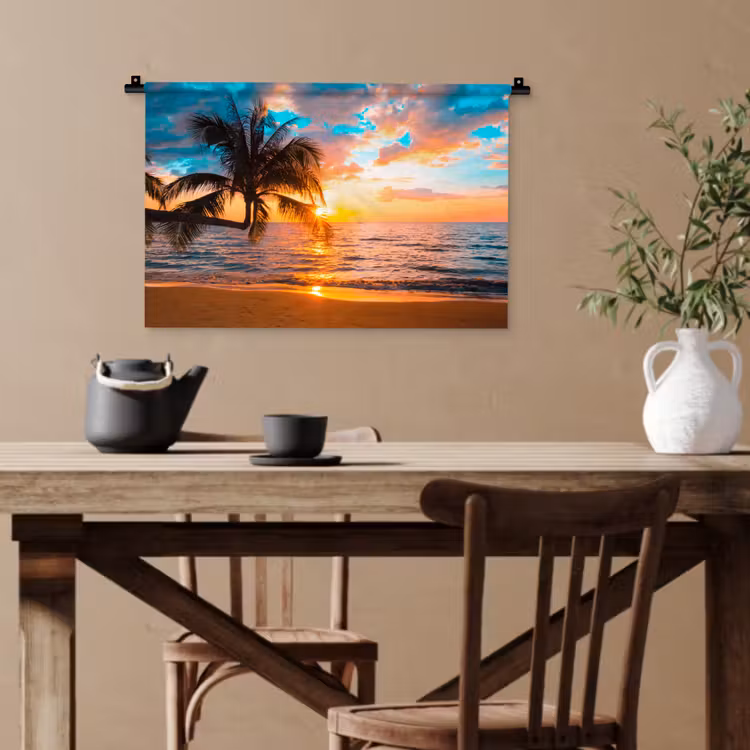 Palme - Sonnenuntergang - Horizont - Strand - Meer - Tropisch Wandkleed katoen klein -sfeer6