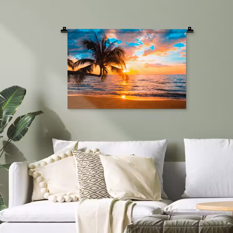 Palme - Sonnenuntergang - Horizont - Strand - Meer - Tropisch Wandkleed katoen klein -sfeer7