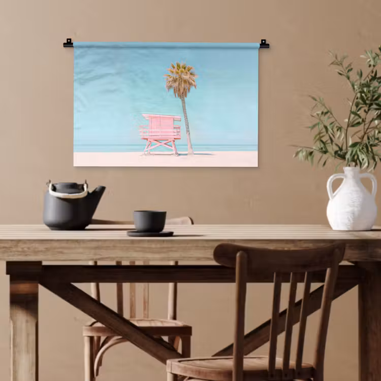 Palmboom - Strandhuis - Roze Wandkleed katoen klein -sfeer6