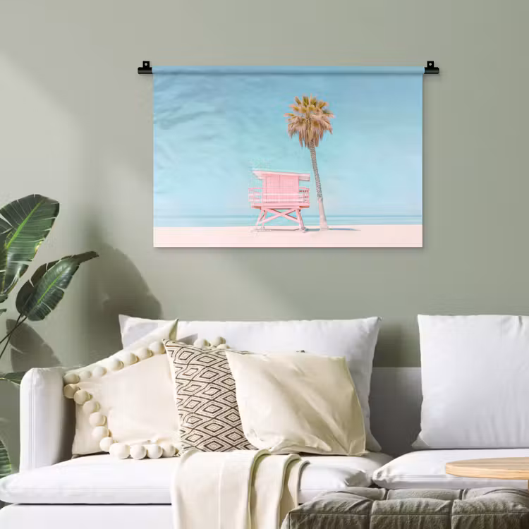 Palmboom - Strandhuis - Roze Wandkleed katoen klein -sfeer7